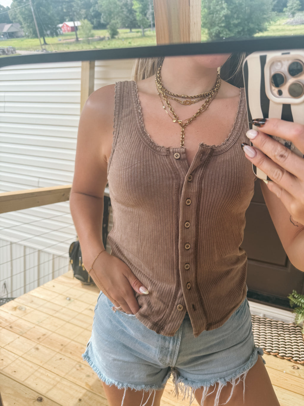 Mocha ribbed Henley tank
