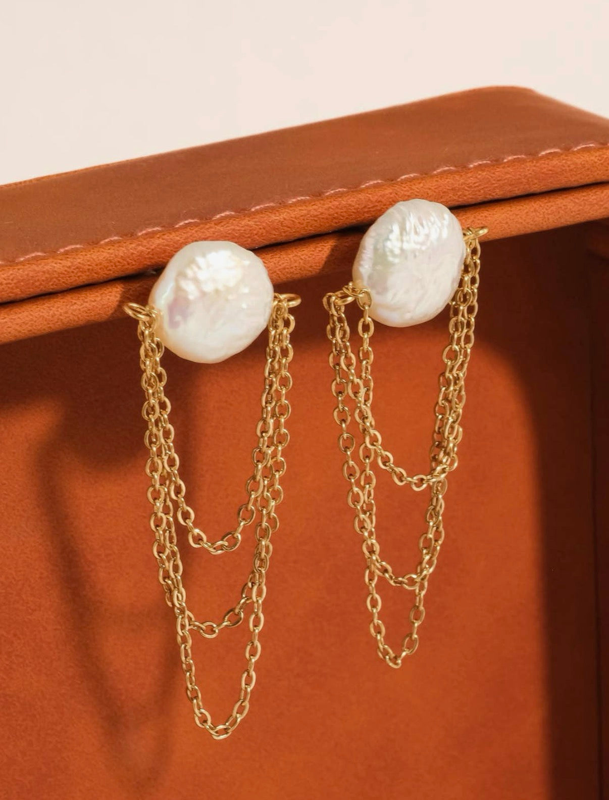 Baroque pearl gold chain earrings